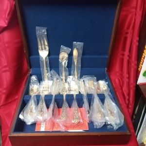 Vintage 45 PC Gold Plated Flatware Set In Wooden Case Korea